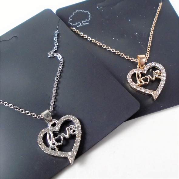 Gold & SIlver Chain Necklace w/ Cry. Stone Love-Heart Pend.  .60 ea