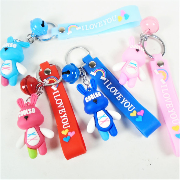 4 in 1 Strap/Bracelet Keychains w/ Bell  &  Silly Bunny Charm Mixed Colors .62 ea