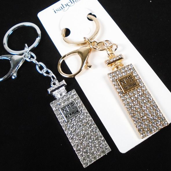 2.5" Gold & Silver Perfume Bottle Bling Keychain w/ Crystal Stones .62 ea