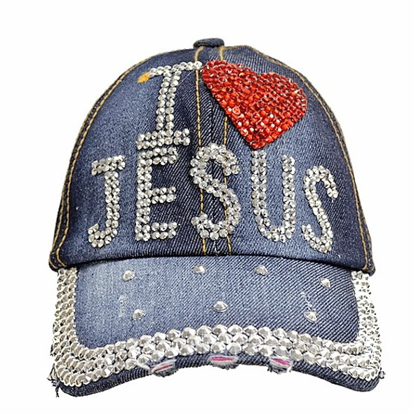 ""Best Quality Stone Wash Denium Baseball Cap  Silver Studded I Love JESUS  sold by pc 