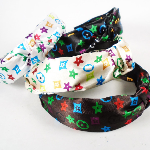 1" Wide Satin Headbands w/ Print  & Knot Top 4 colors per dz  .60 ea