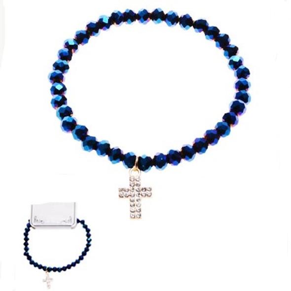 6MM Crystal Beaded Stretch Bracelets w/ Cry. Stone Cross Mx Colors  .60 ea