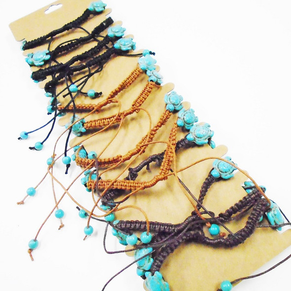 Macrame Bracelets w/ Turquoise Stone Turtles Blk/Browns .60 each