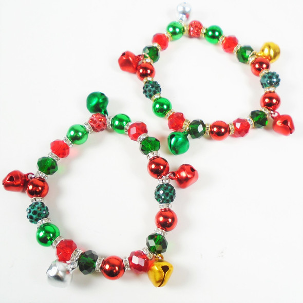8MM Crystal Bead & Fireball Christmas Bracelets w/ Jingle Bell Charms  .60 ea