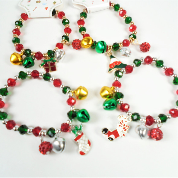  Crystal Bead Christmas Bracelets w/ Holiday Mixed Charms & Jingle Bells .60 ea