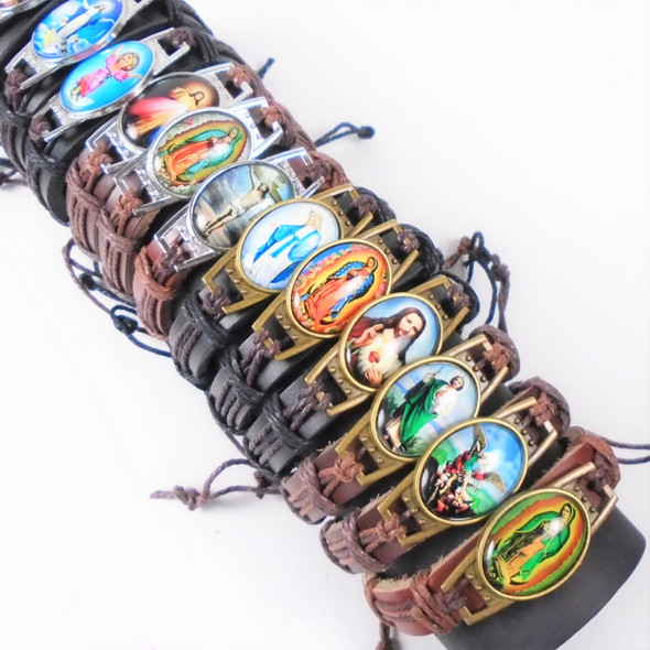 Leather Cord Bracelets w/ 12 Mixed Saint Pictures Gold/Silver Frame   .58 each 