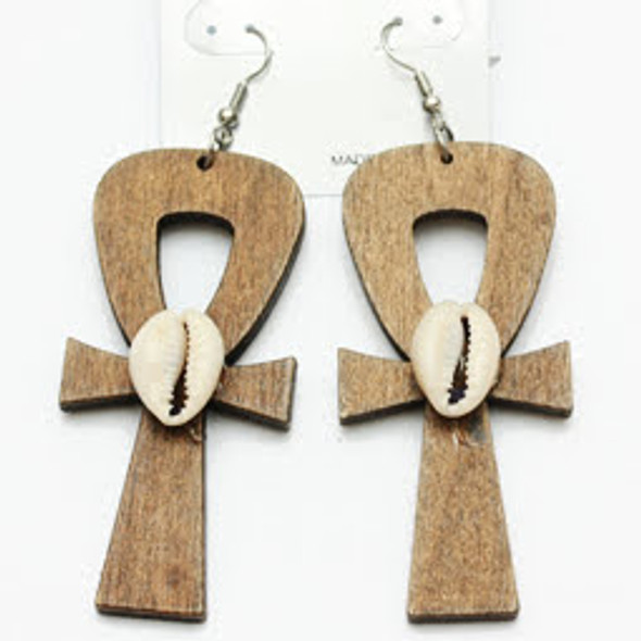 3" Ankh Wood Earrings w/ Cowrie Shell Natural Colors  .58 per pair 