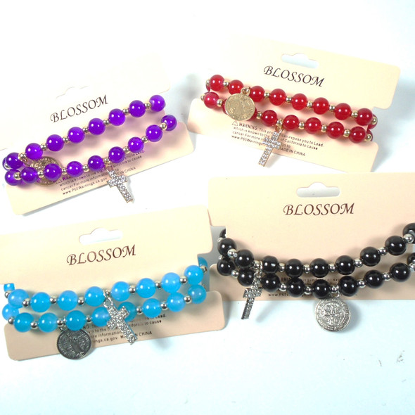 BEST BUY 2 Pk Glass Bead Bracelet Set w/ Cross & St. Benito Charm  Mx Colors .62 ea set 