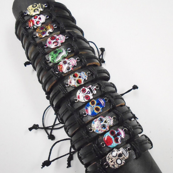  Black Teen Leather Bracelets w/ Colorful Sugar Skull  Charm  .58 ea