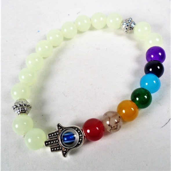 Glo in the Dark Bead Seven Chakras Stone Stretch Glass Stone Bracelets w/ Hamsa  .64 each