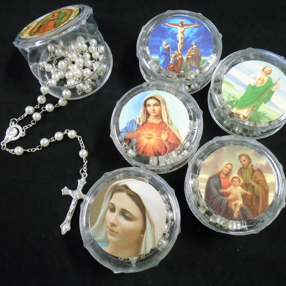 36" All White Pearl  Rosary w/ Silver Cross w/ JESUS in Keepstake Bx  .62 ea