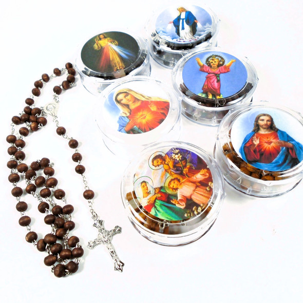  36" Blk/Browns Wood Bead Scented Rosary w/ Silver Cross w/ JESUS in Keepstake Box .62ea