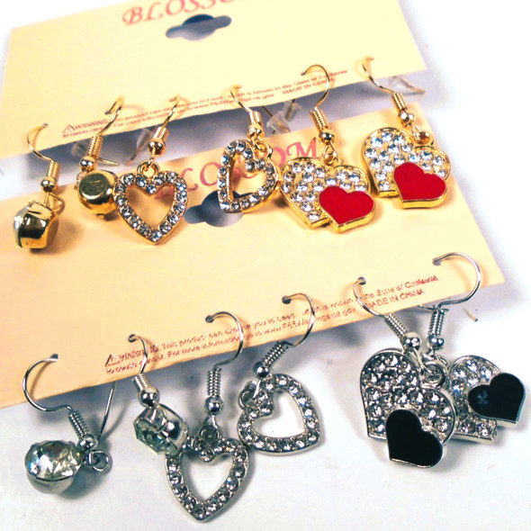 3 Pair Gold & Silver Cry. Stone & Heart Earring Set  .60 per set 