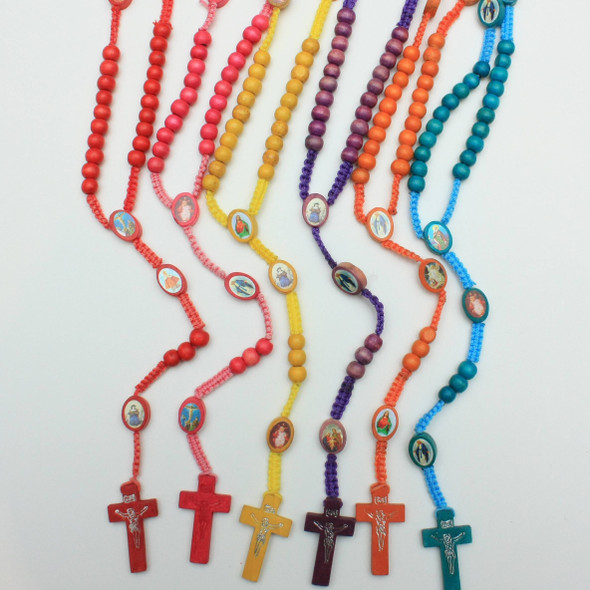 Wood Rosary w/ Wood Cross Bright Colors .62 Each