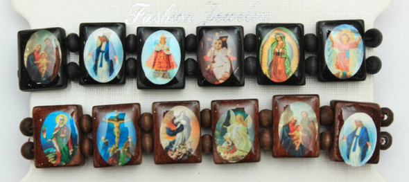 2 Pack Wood Stretch Bracelet w/ Religious Saint Pictures Natural Colors .60 ea set