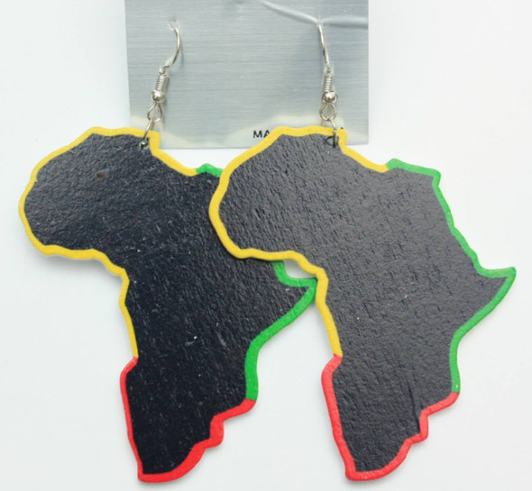 Africa Map Rasta Color Wood Earring .58 Each