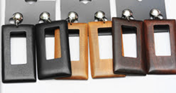 2.75" Clip On Rectangle Shape Wood Earring Natural Colors .58 each