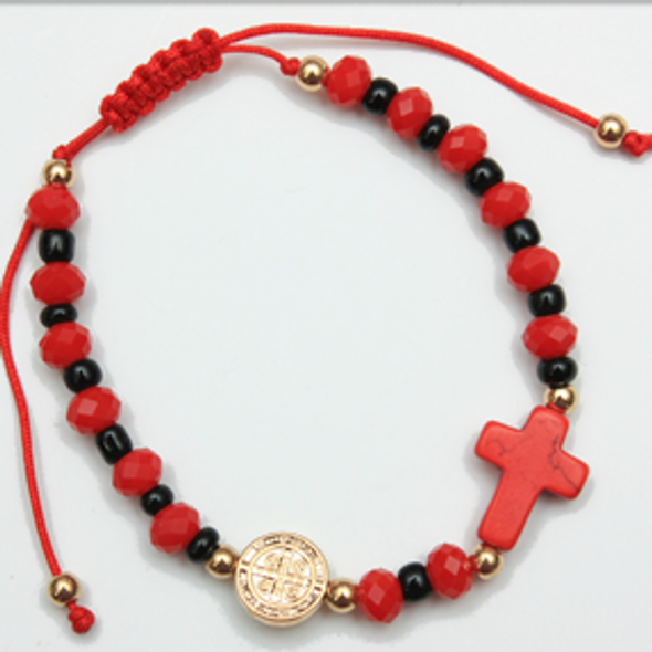Red Cross w/Red & Black Beads Macrame Bracelet .60 Each