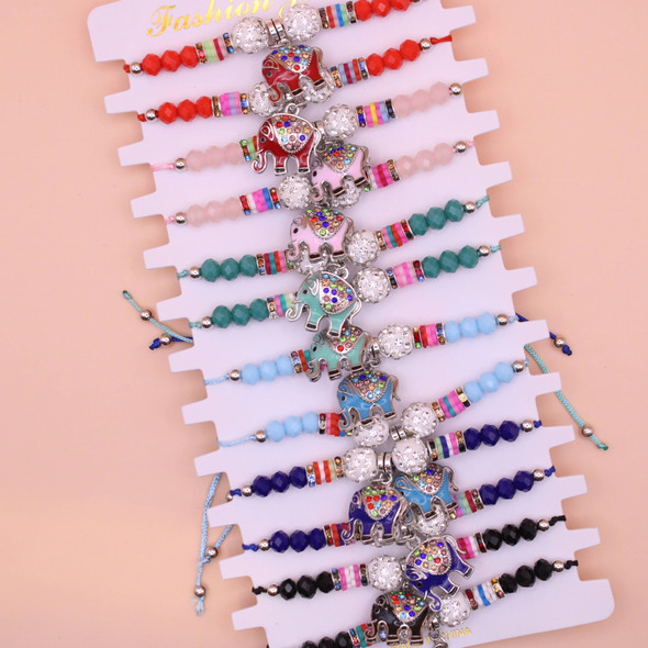 Colorful Cord Beaded Bracelet w/ Cry. Stone Elephant  Charm 12 per card .60 ea