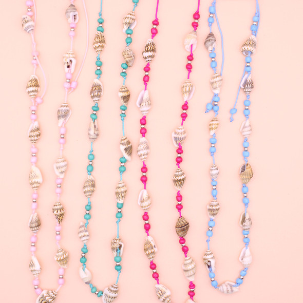 Sea Shell w/Beads Adjustable Cord Necklace Bright Colors .60 Each