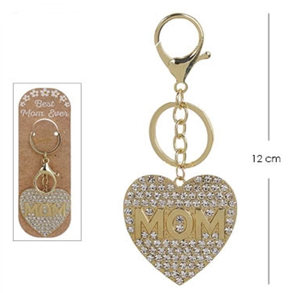 Gold & Silver Metal Heart Shaped Rhinestone "MOM" Keychain .60 Each