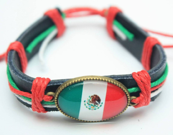Mexico Flag Pendant Leather Bracelet .58 Each