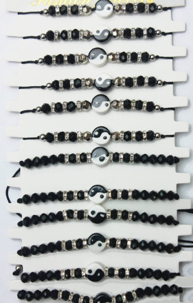 Ying Yang Cord Bracelet w/ Black Beads & Rhinestone Rondelle .60 Each