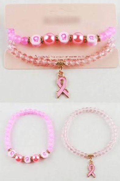 2 Pack Beaded Pink Ribbon Charm Bracelet .60 Each Set