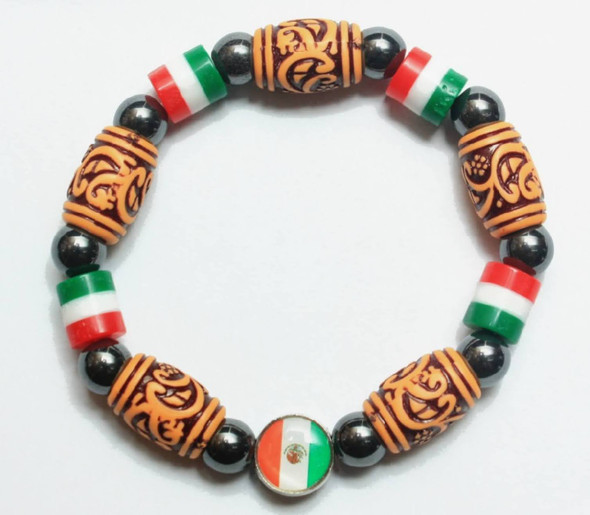 Mexico Flag Colors Bead w/ Etched Bead & Hematite Bracelet .60 Each