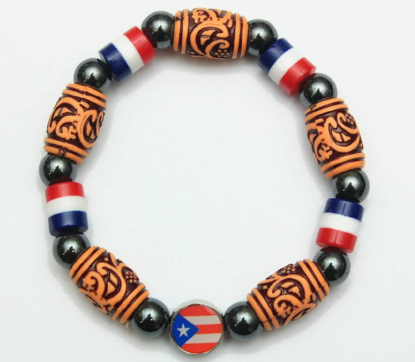 Puerto Rico Flag Colors Bead w/ Etched Bead & Hematite Bracelet .60 Each