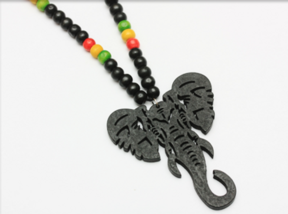 36" Elephant Carved Wood Necklace w/ Rasta Beads .62 Each