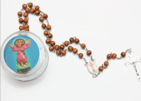 36" Wood Rosary w/ Silver Cross w/ Baby JESUS in Keepstake Box  .62 ea