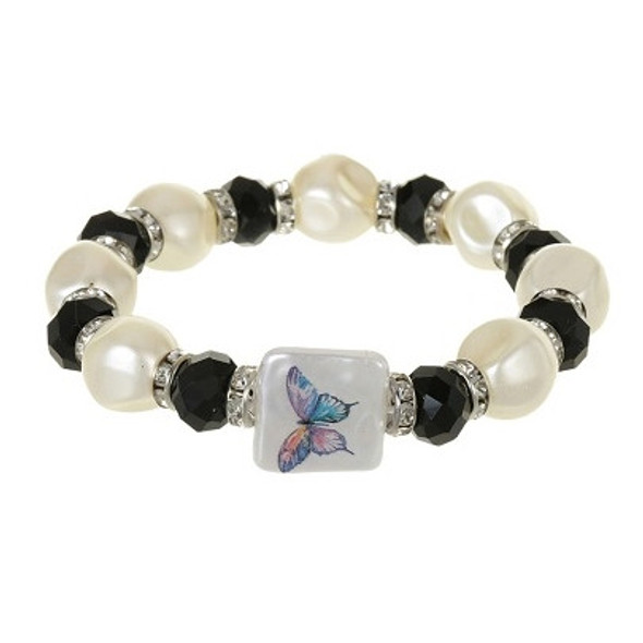 Pearl & Crystal Beads w/ Butterfly Painted Bracelet .60 Each