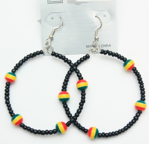 Black Bead Hoop Earring w/ Rasta Color Ball .58 Each