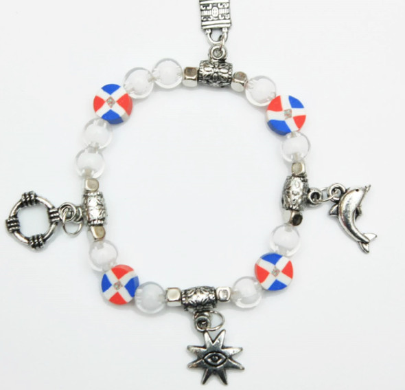 Dominican Rep. Flag Fimo w/ Clear Beads Beach Charm Bracelet .60 Each