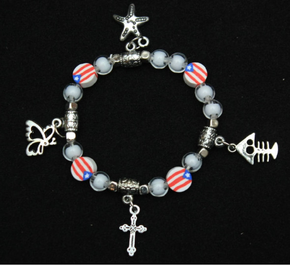 Puerto Rico Flag Fimo w/ Clear Beads Beach Charm Bracelet .60 Each