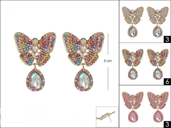Colorful Rhinestone Butterfly w/ Dangling Teardrop Earring .60 Each 