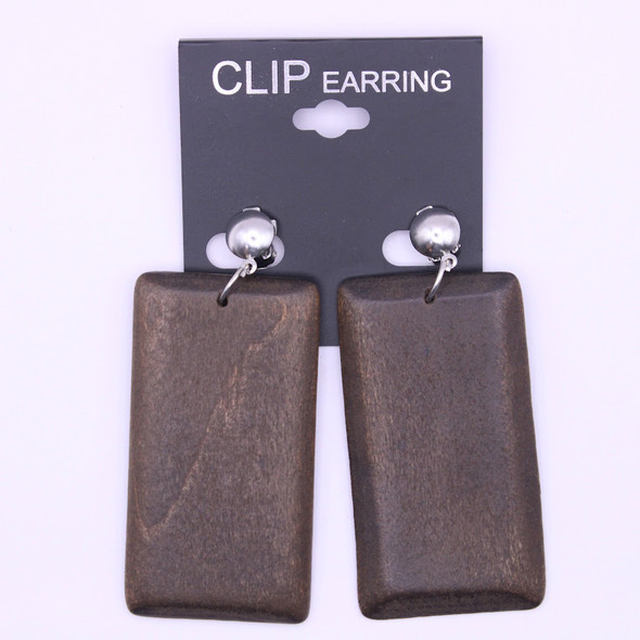 2.75" Clip On Rectangle Shape Wood Earring Natural Colors   .58 each