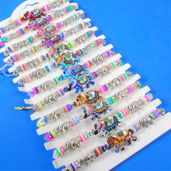 Cord Beaded Bracelets w/ Multi Color Elephant Charm 12 per card .60 each