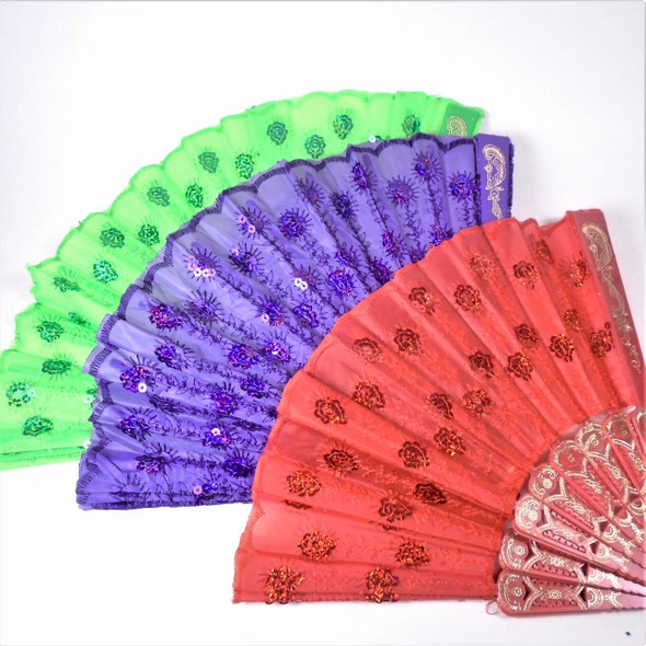 9" Asst Bright Color Sequin Hand Fan 12 per pk  .62 ea