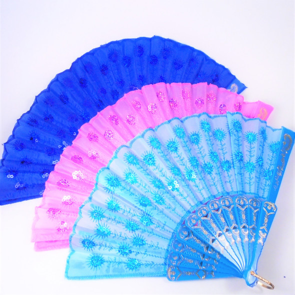 9" Asst Bright Color Sequin Hand Fan 12 per pk  .62 ea