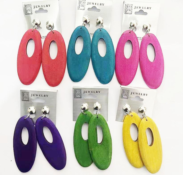 3" Clip On Oval Shape w/ Hole Wood Earring Bright Colors .58 each