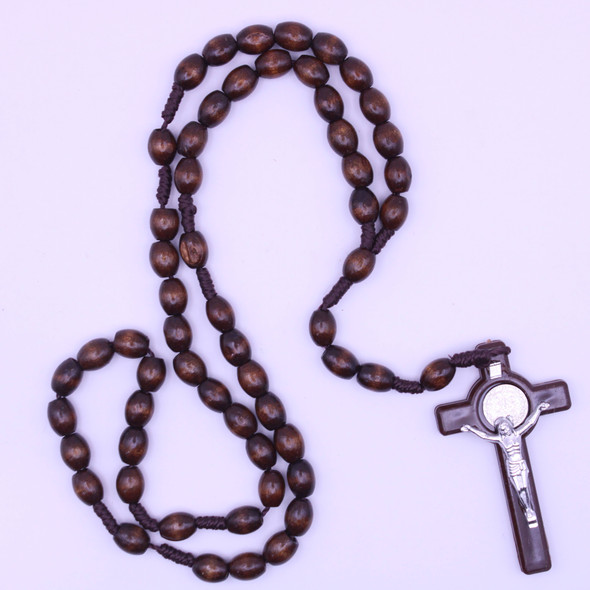 36" 10MM Wood Bead Rosary w/ Large Cross w/ Jesus 12 per pk .62 each