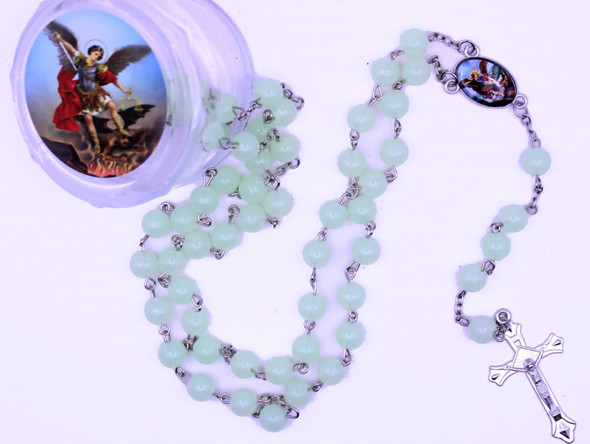 36" Glow In The Dark Rosary w/ Silver Cross w/ Saint Michael in Keepstake Box .62 ea