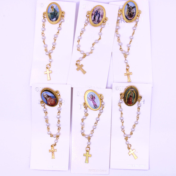 Mixed Saints Picture Pearl w/ Jesus Cross Brooch .60 Each