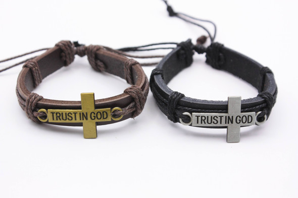 Teen Leather Bracelet "Trust In God" Gold & Silver .58 Each