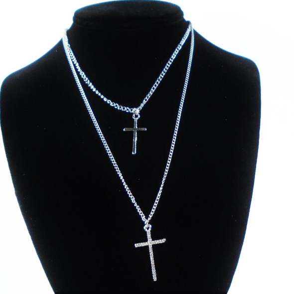 DBL Strand Gold & Silver Chain Necklace w/ Cross Pendants  Ind. Carded  .62 ea