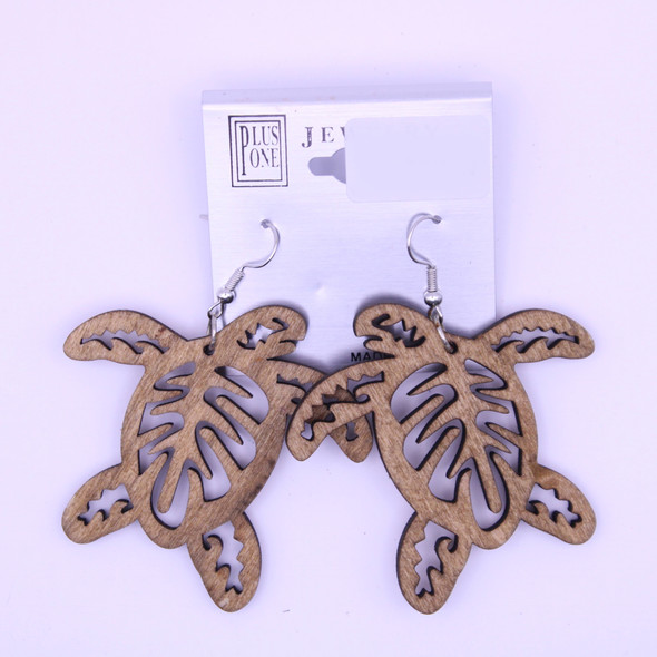 2" Carved Turtle Wood Earring Natural Colors .60 Each