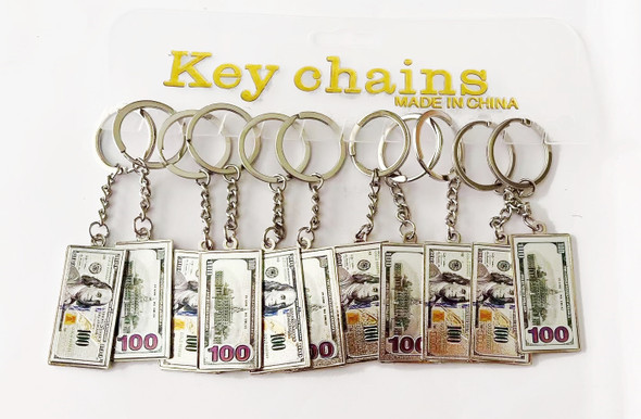 2" DBL Sided Metal $ 100 Bill  Keychains 12 per pk  .60 each 