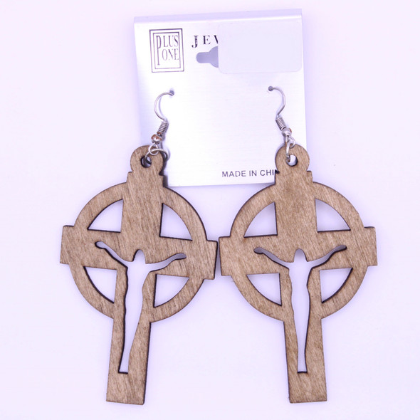 3" Jesus On The Cross Wood Earring Natural Colors .62 each pair